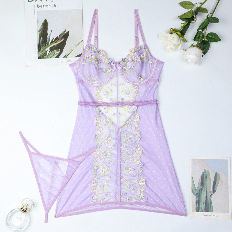 Luna Babydoll ~ Lavender Bloom Sheer Lace Babydoll Set