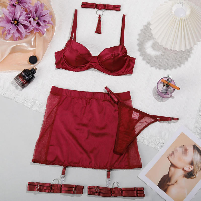 Brunella Set ~ Red Satin 5-Piece Lingerie Set with Choker & Garter Straps