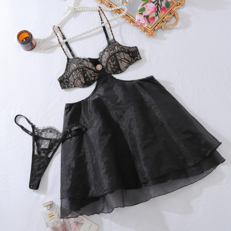 Denisse Baby Doll ~ Black Lace & Sheer Babydoll Set – Chain Strap Detail with Matching Thong