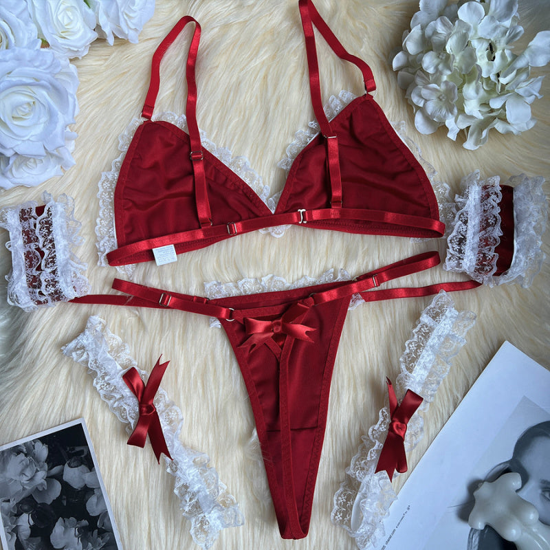Manuela Set ~ Romantic Red Velvet Lingerie Set – Lace Trim Fantasy Outfit