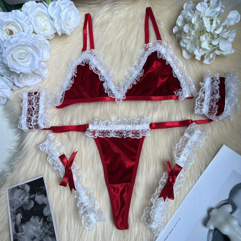 Manuela Set ~ Romantic Red Velvet Lingerie Set – Lace Trim Fantasy Outfit