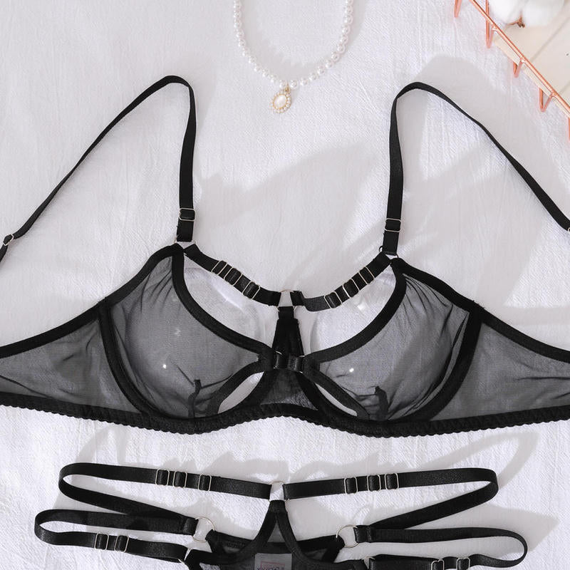 Susu Set ~ Black Sheer Mesh 5-Piece Strappy Lingerie Set with Gloves & Harness