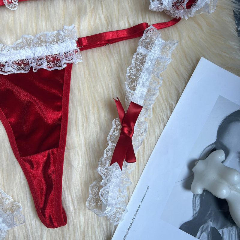 Manuela Set ~ Romantic Red Velvet Lingerie Set – Lace Trim Fantasy Outfit