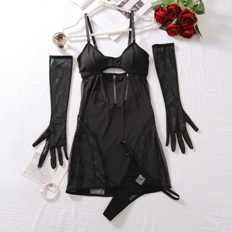 Mahia Dress ~ Black Sheer Mesh Lingerie Dress with Gloves