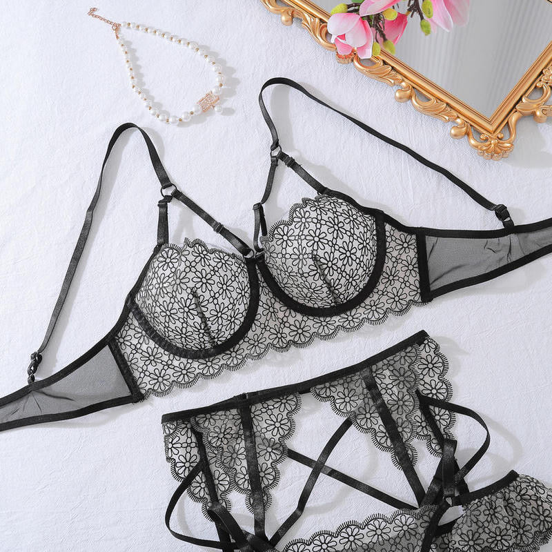 Rebecca Set ~ Black Floral Lace Lingerie Set with Garter Belt