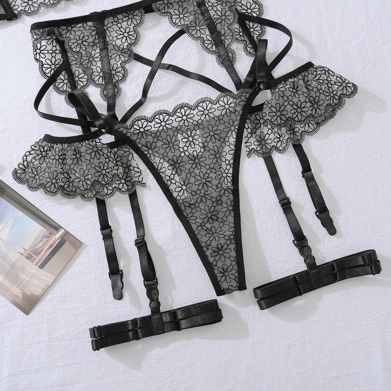 Rebecca Set ~ Black Floral Lace Lingerie Set with Garter Belt