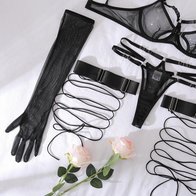 Susu Set ~ Black Sheer Mesh 5-Piece Strappy Lingerie Set with Gloves & Harness