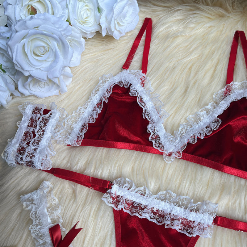 Manuela Set ~ Romantic Red Velvet Lingerie Set – Lace Trim Fantasy Outfit