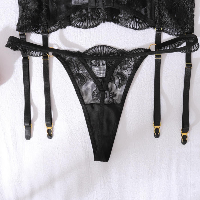 Iris Set ~ Black Lace 3-Piece Lingerie Set