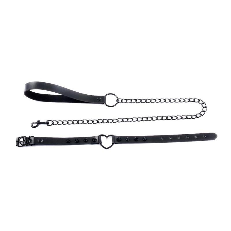 Black Spiked Heart Choker with Leash – BDSM Collar Set