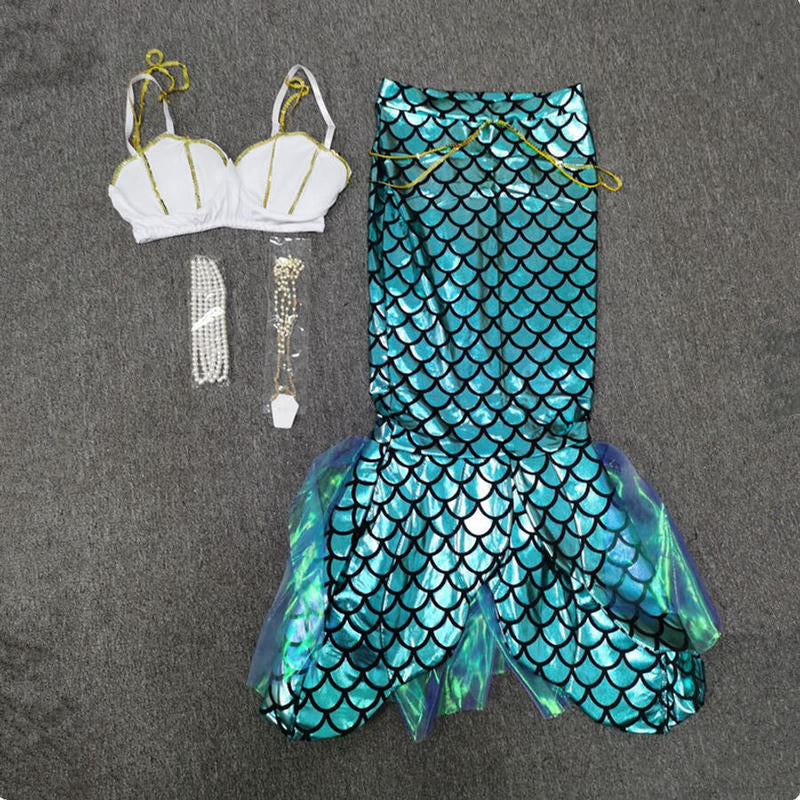 Sexy Mermaid Costume – 3 Piece Set with Shell Top & Sequin Tail Skirt