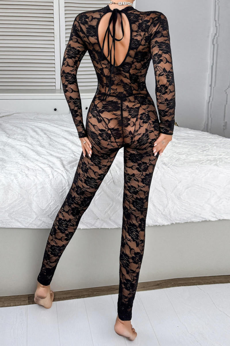 Vania Bodysuit ~ Black Floral Lace Bodysuit with G-String