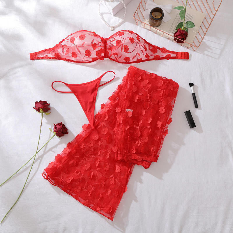 Mirella Set ~ Red Sheer Floral 3-Piece Lingerie Set