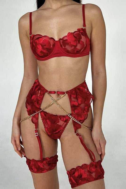 Kim Set ~ Red Floral Lace Lingerie Set with Chains – 5 Pieces