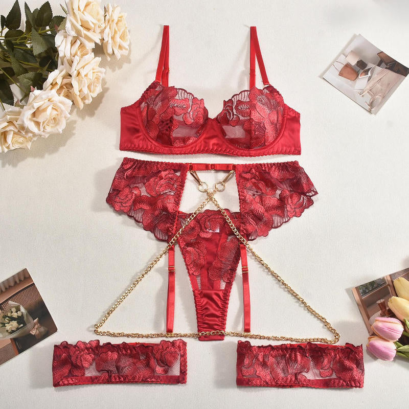 Kim Set ~ Red Floral Lace Lingerie Set with Chains – 5 Pieces