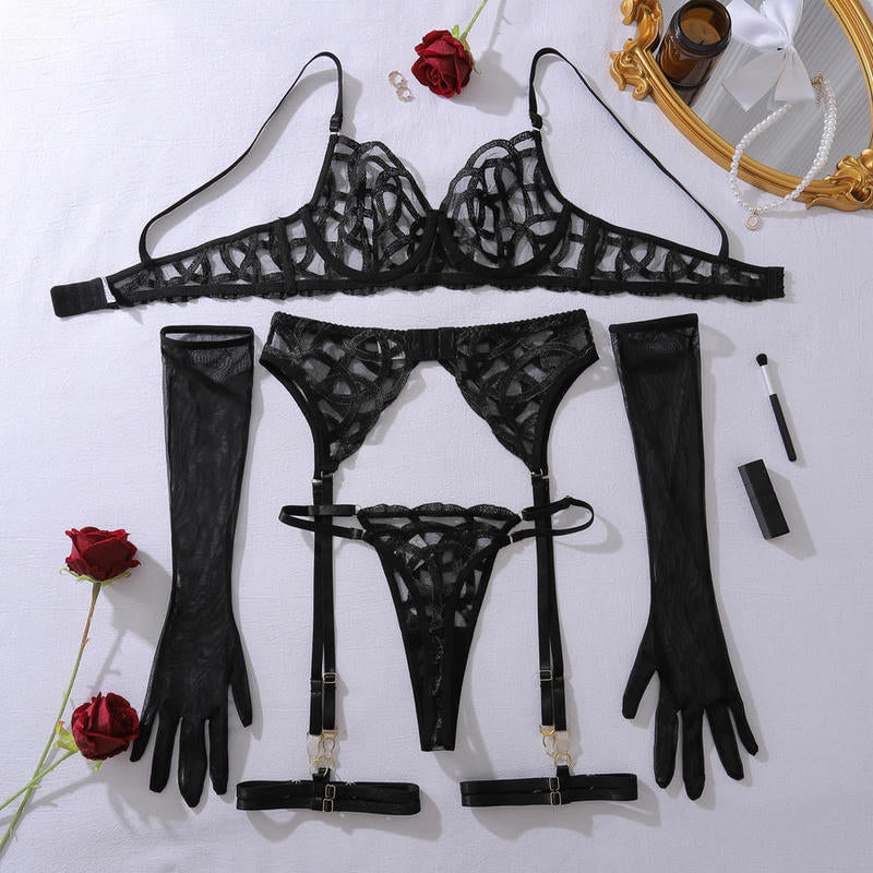 Ivana Set ~ Sexy Black Lace 6-Piece Lingerie Set with Gloves and Garter Belt